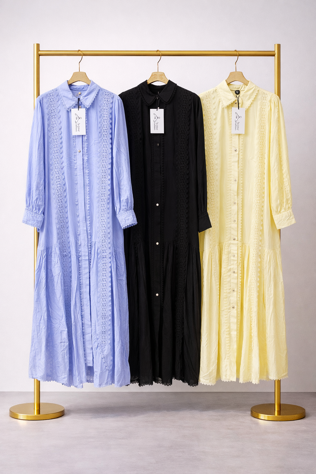 9075 BUTTON DOWN LACE PANEL DRESS